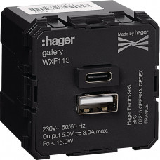 Розетка 1xUSB-A, 1xUSB-C, 3А, Gallery WXF113, Гарантия