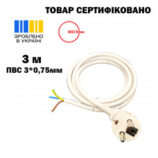 Шнур с угловой евровилкой МЕГАтек ПВС 3*0,75 белый 3 м
