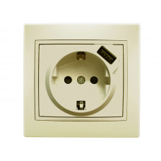 Розетка с заземлением + USB крем LEZARD Mira крем