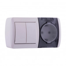 Выключатель 2-х кл. и розетка с / з, с кришкой, белый, горизонталь (10шт/120шт)